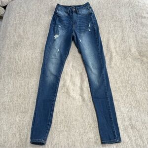 Fashion Nova High Waisted Skinny Jeans Size 3 Distressed Detail Blue Wash